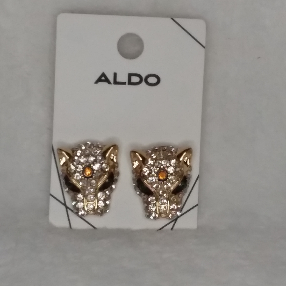 Leopard Head Crystal Stud Pierce Earrings Gold Tone Aldo